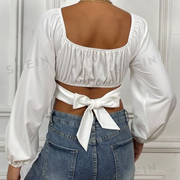 SHEIN Privé Ruched Knot Back Crop Blouse - Picture 2 of 2